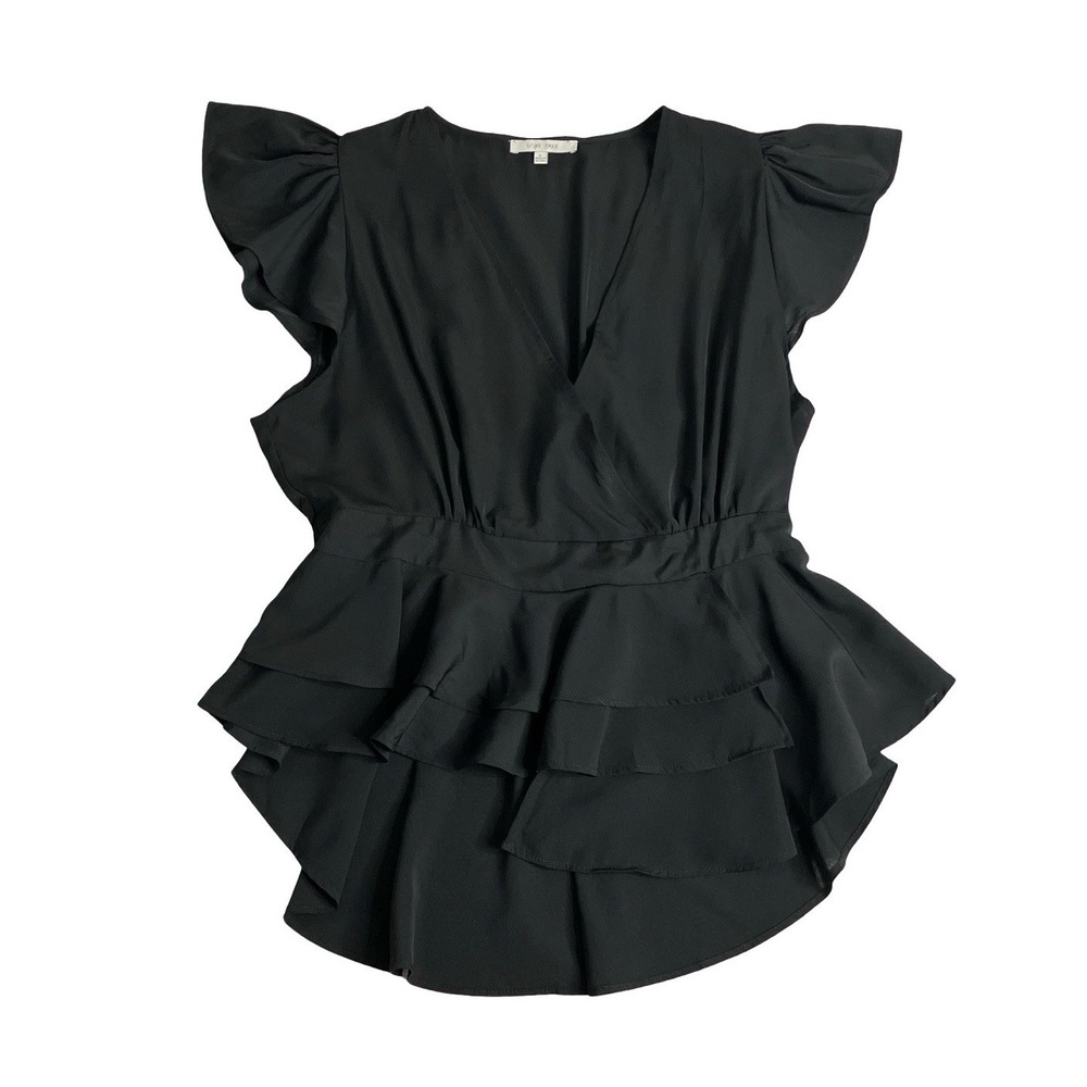 Love Tree Top Womens L Black Hi Low Wrap Front Flutter Sleeve Layered Whimsygoth